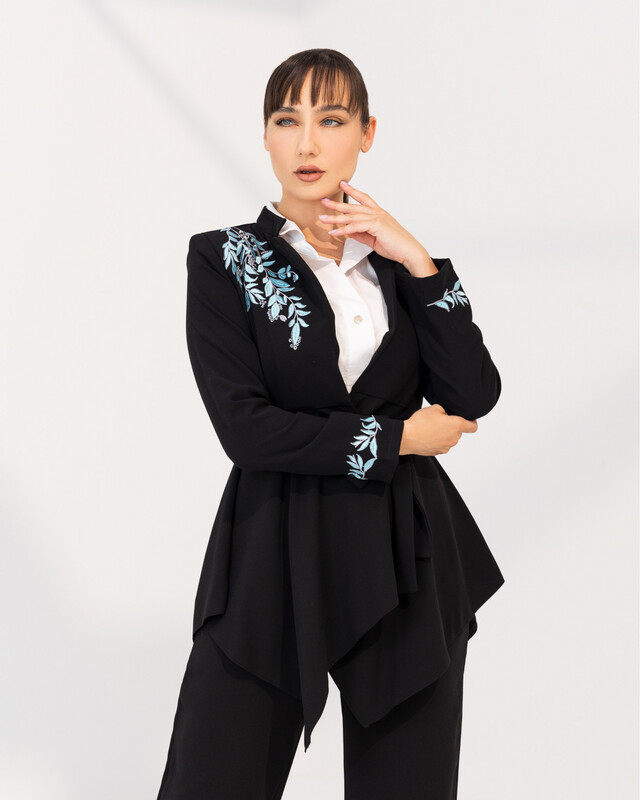 Black Embroidered Blazer, Chest &amp; Cuff Embroidery