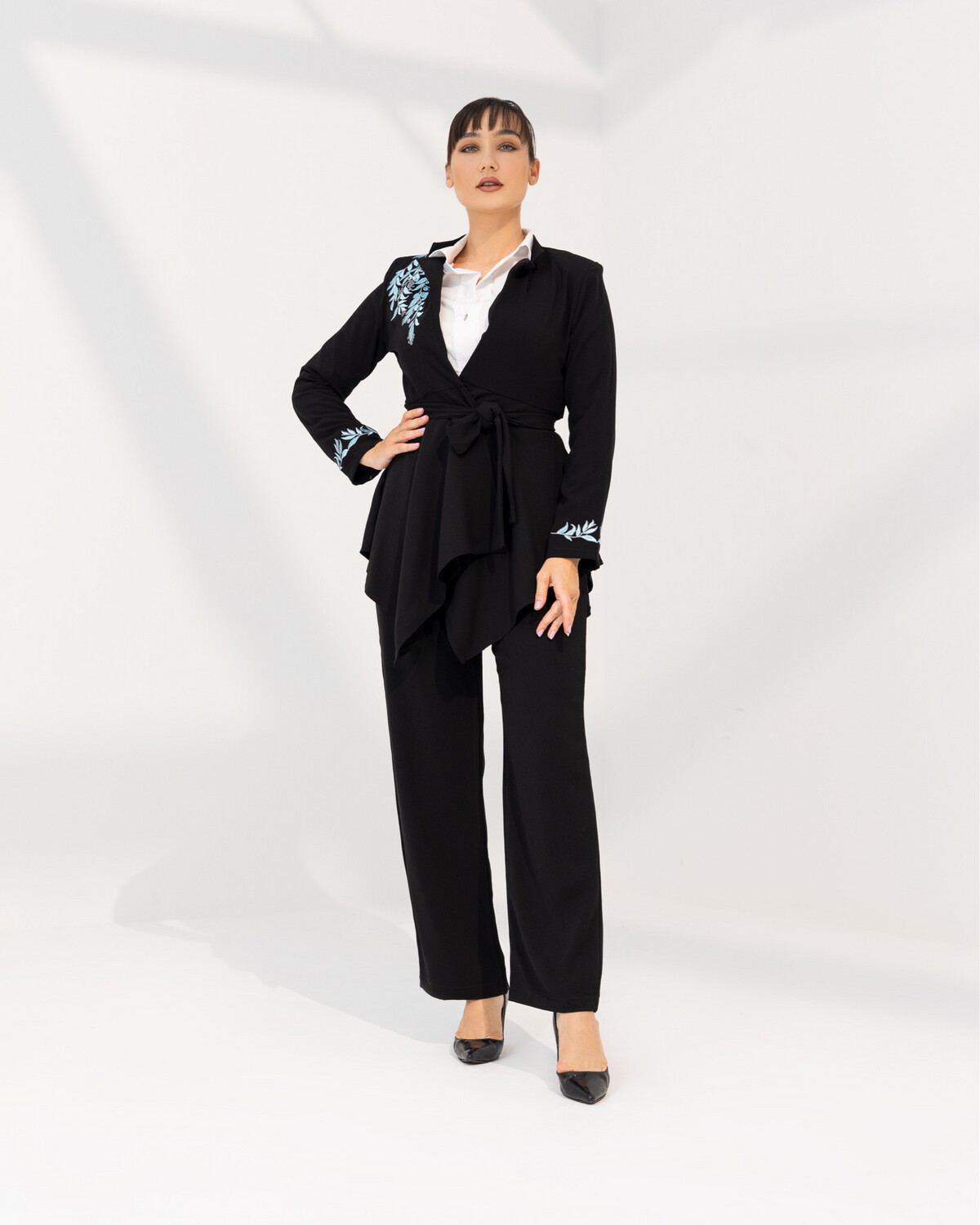 Black Embroidered Blazer, Chest &amp; Cuff Embroidery