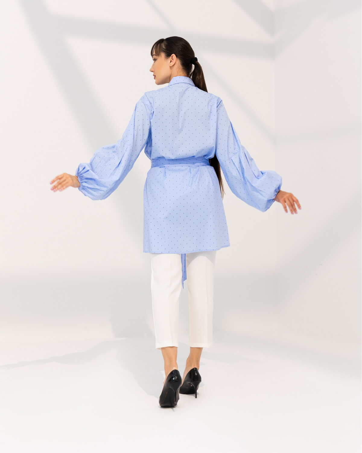 Poplin Cotton Long Sleeve Shirt with Belt - Oversized Shirt