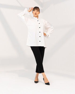 Alaa’s Shirt- White Cotton Shirt with Ruffle details &amp; long sleeves - Oversized Shirt
