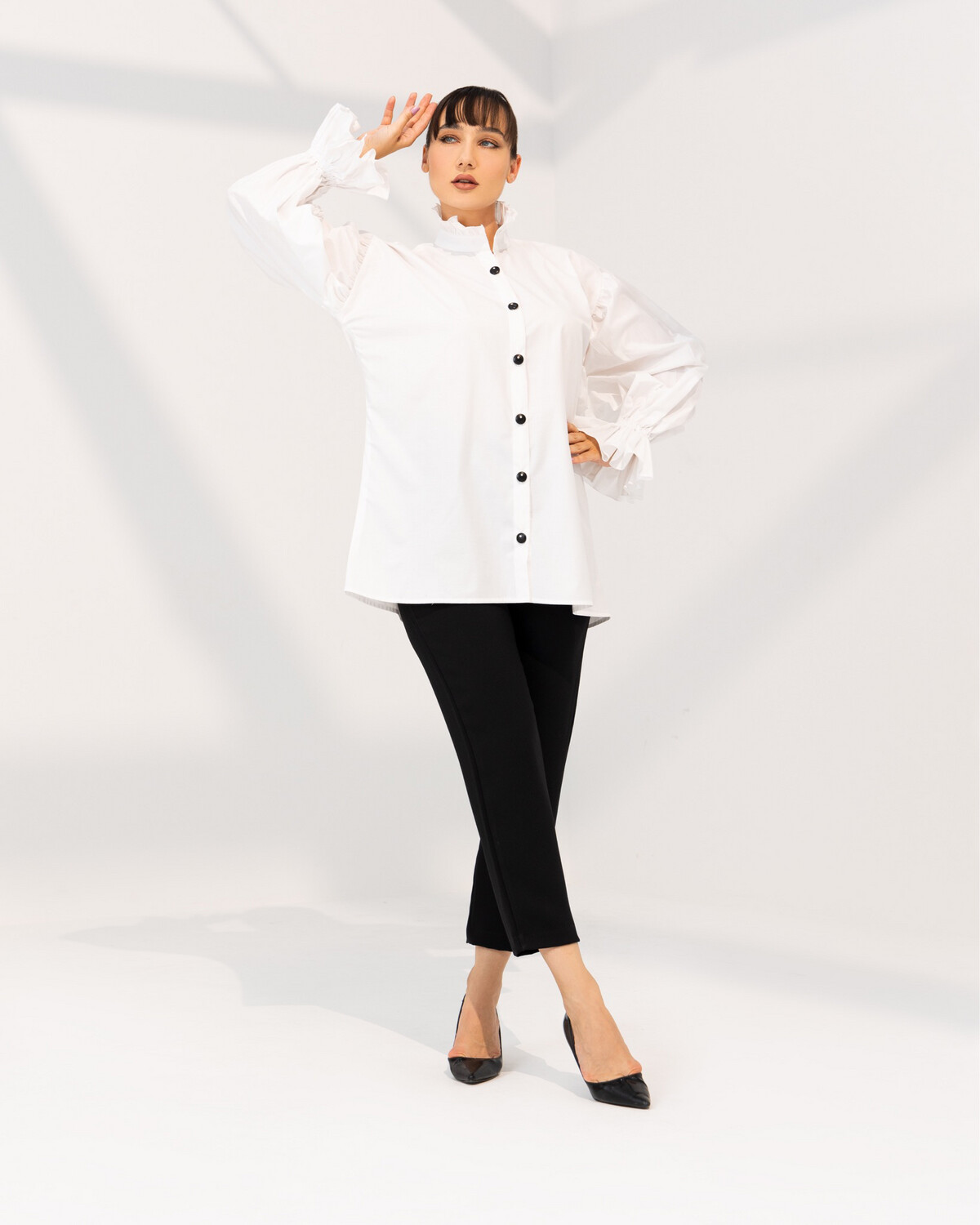 Alaa’s Shirt- White Cotton Shirt with Ruffle details &amp; long sleeves - Oversized Shirt
