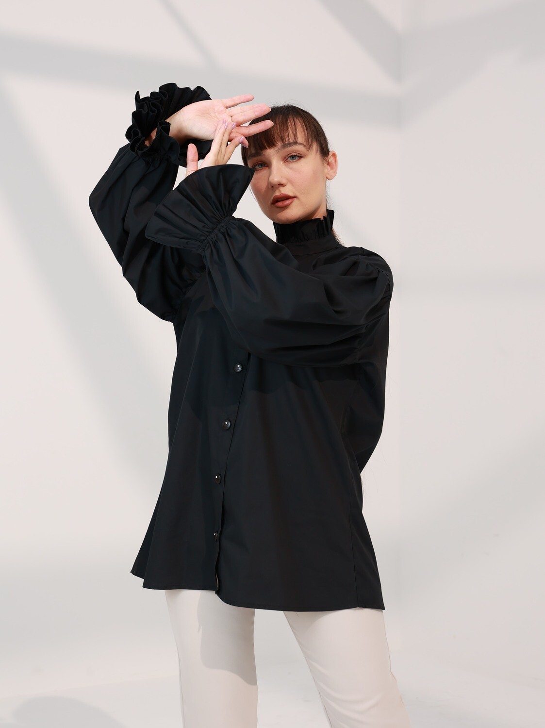 Black Cotton Shirt with Ruffle details &amp; long sleeves - Oversized Shirt