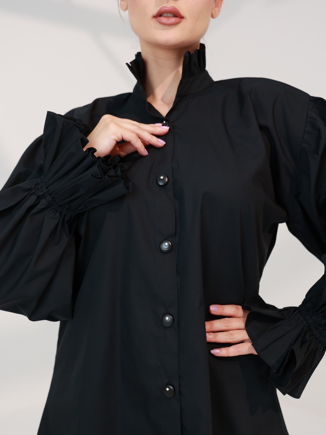 Black Cotton Shirt with Ruffle details &amp; long sleeves - Oversized Shirt