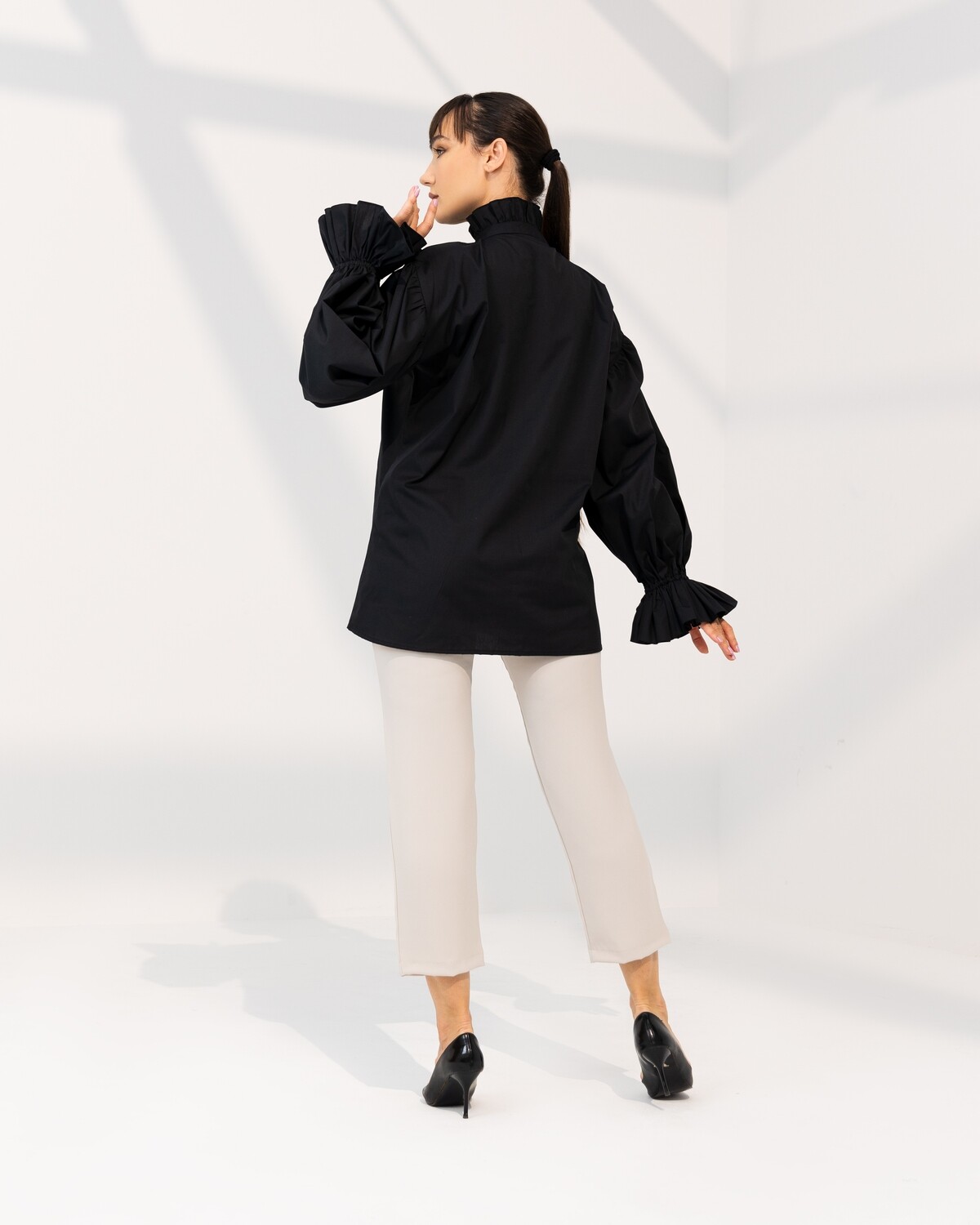 Black Cotton Shirt with Ruffle details &amp; long sleeves - Oversized Shirt