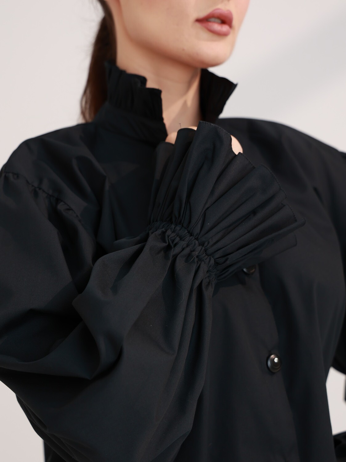 Black Cotton Shirt with Ruffle details &amp; long sleeves - Oversized Shirt