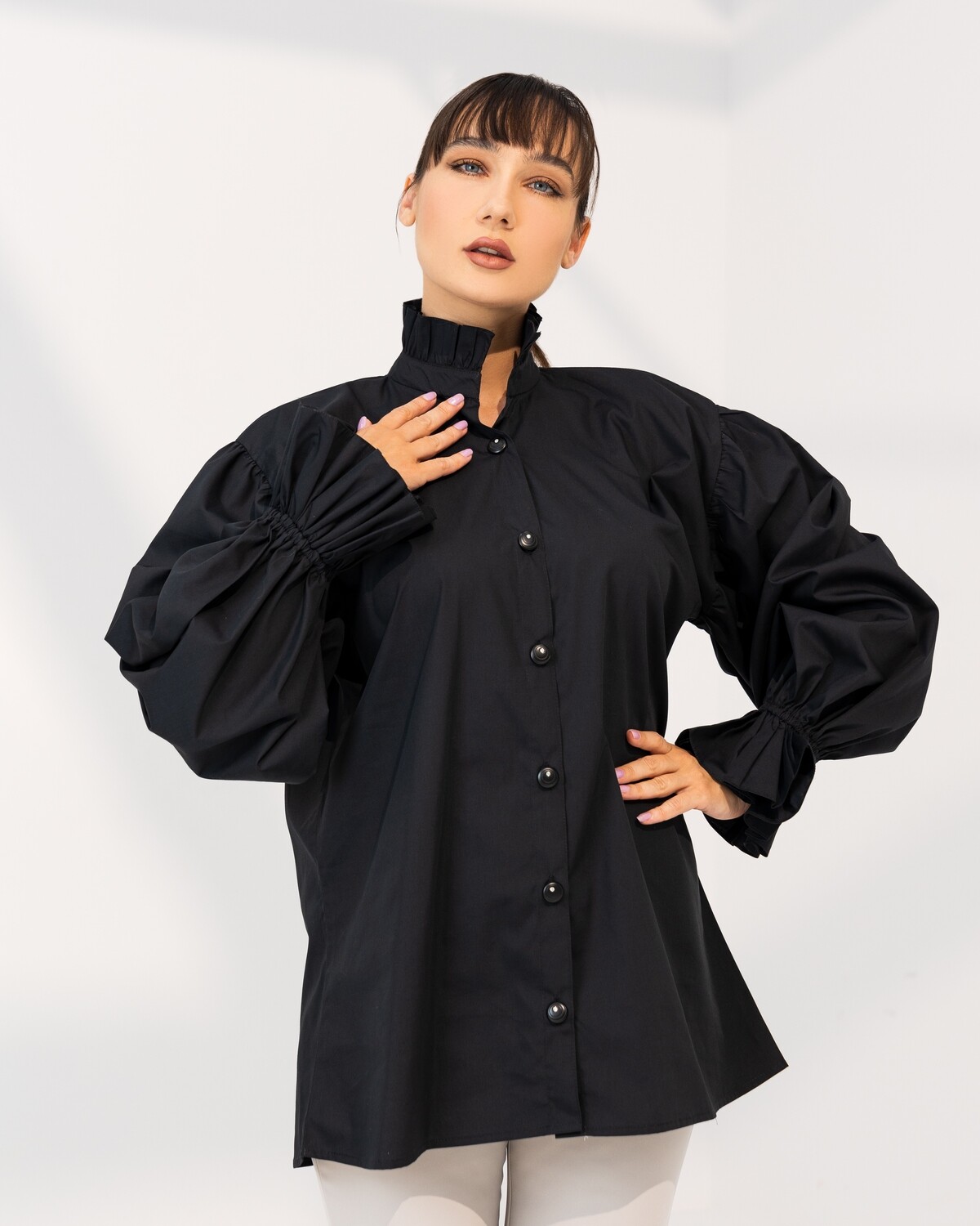 Black Cotton Shirt with Ruffle details &amp; long sleeves - Oversized Shirt
