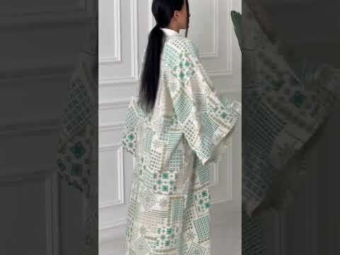 off-white &amp; Green Jacquard Linen Abaya