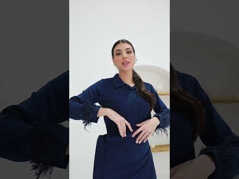 Navy Blue Long Shirt with Skirt &amp; Feathers on Sleeves