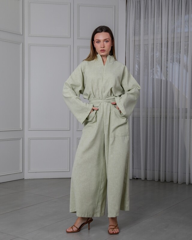 Wide Linen Jumpsuit with Belt