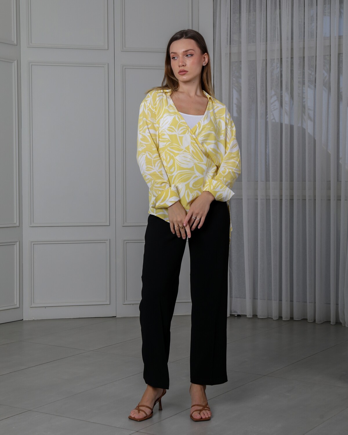 Drop Shoulder Long Sleeve Printed Shirt with Belt