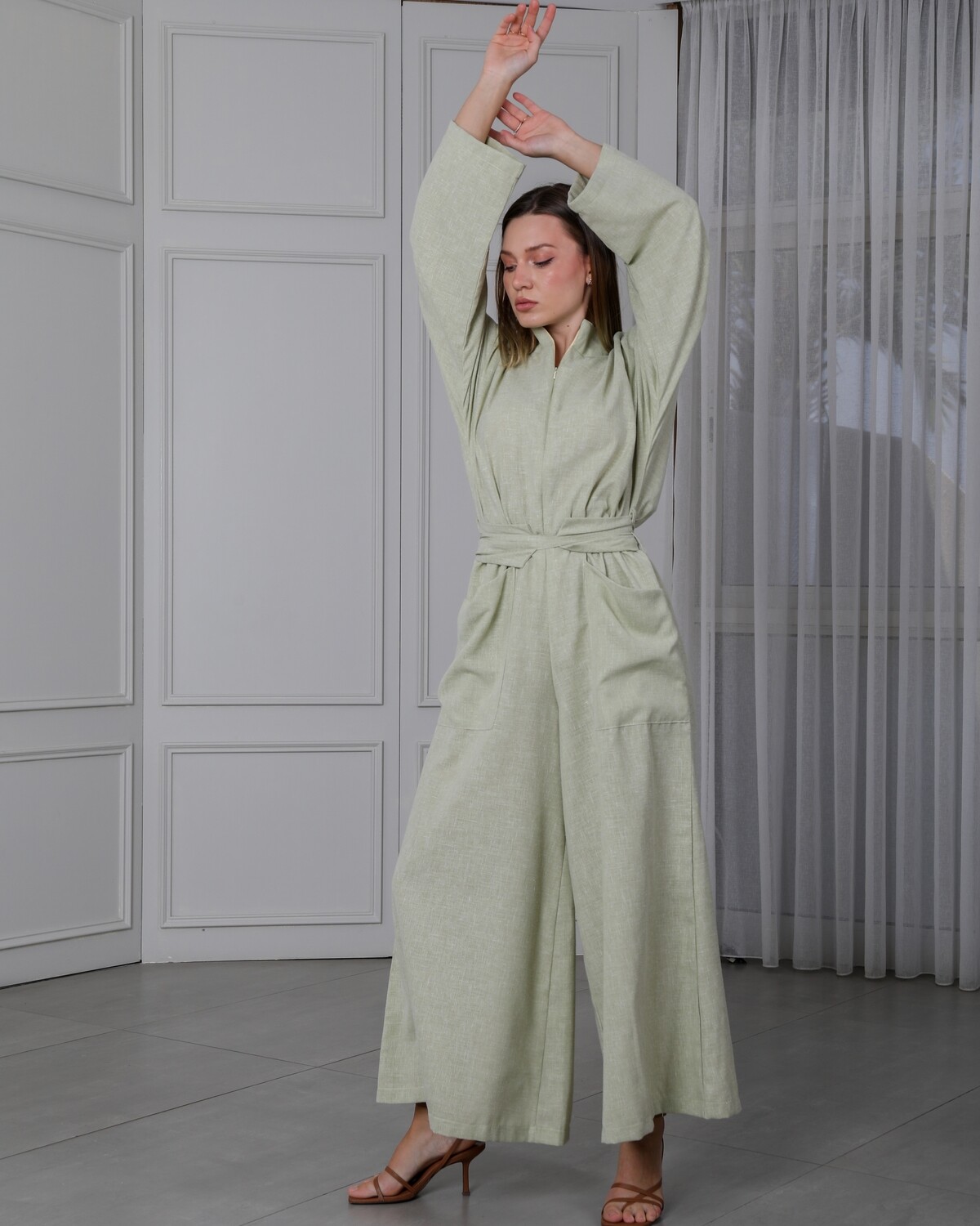 Wide Linen Jumpsuit with Belt