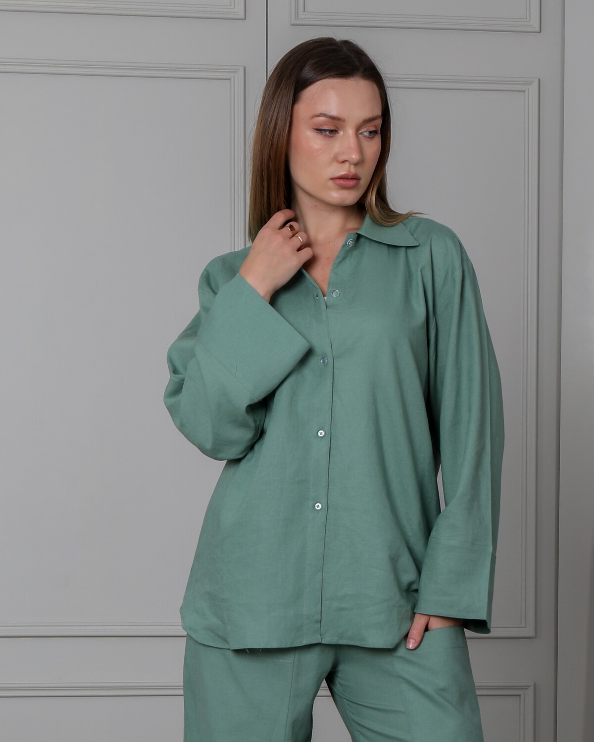 Drop Shoulder Green Linen Shirt