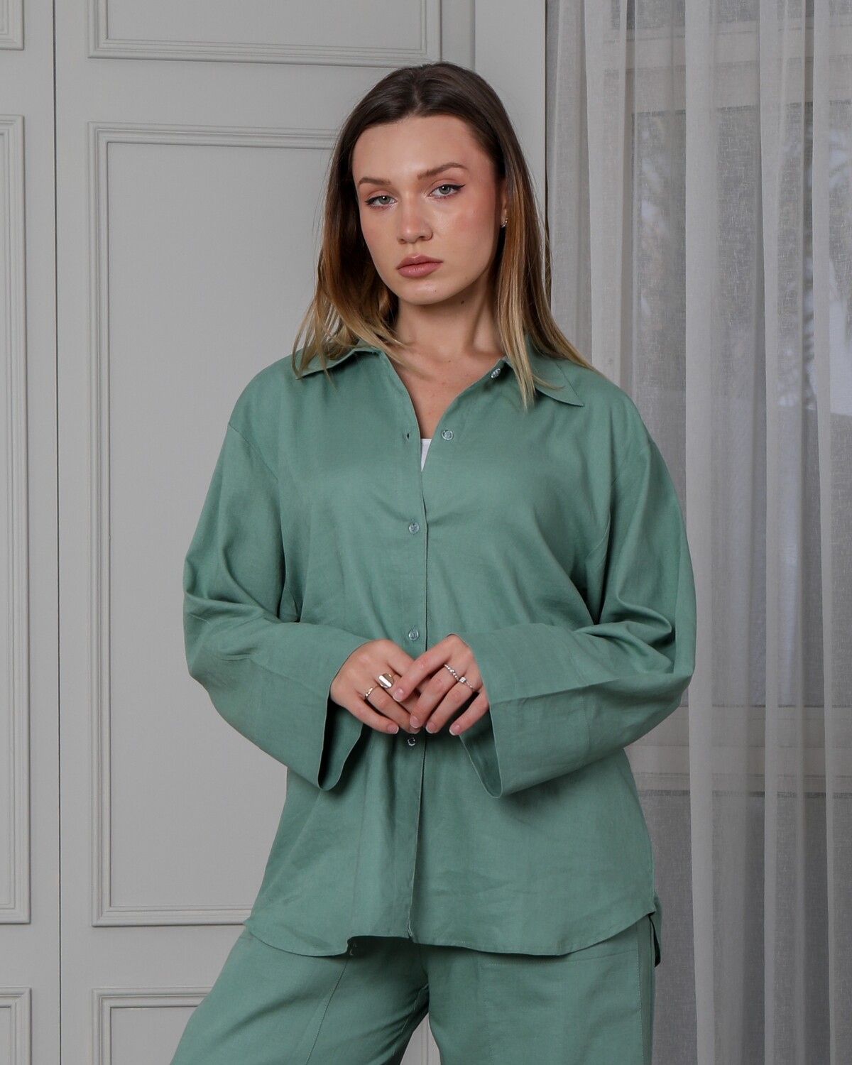 Drop Shoulder Green Linen Shirt