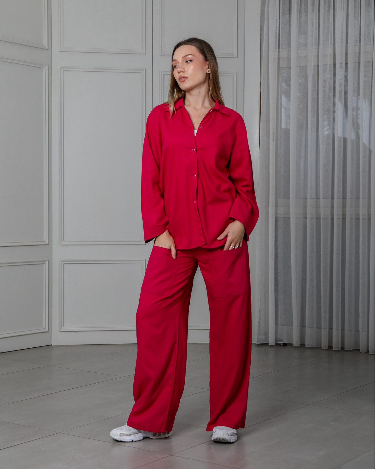 Rose Linen Wide Trouser with front pockets