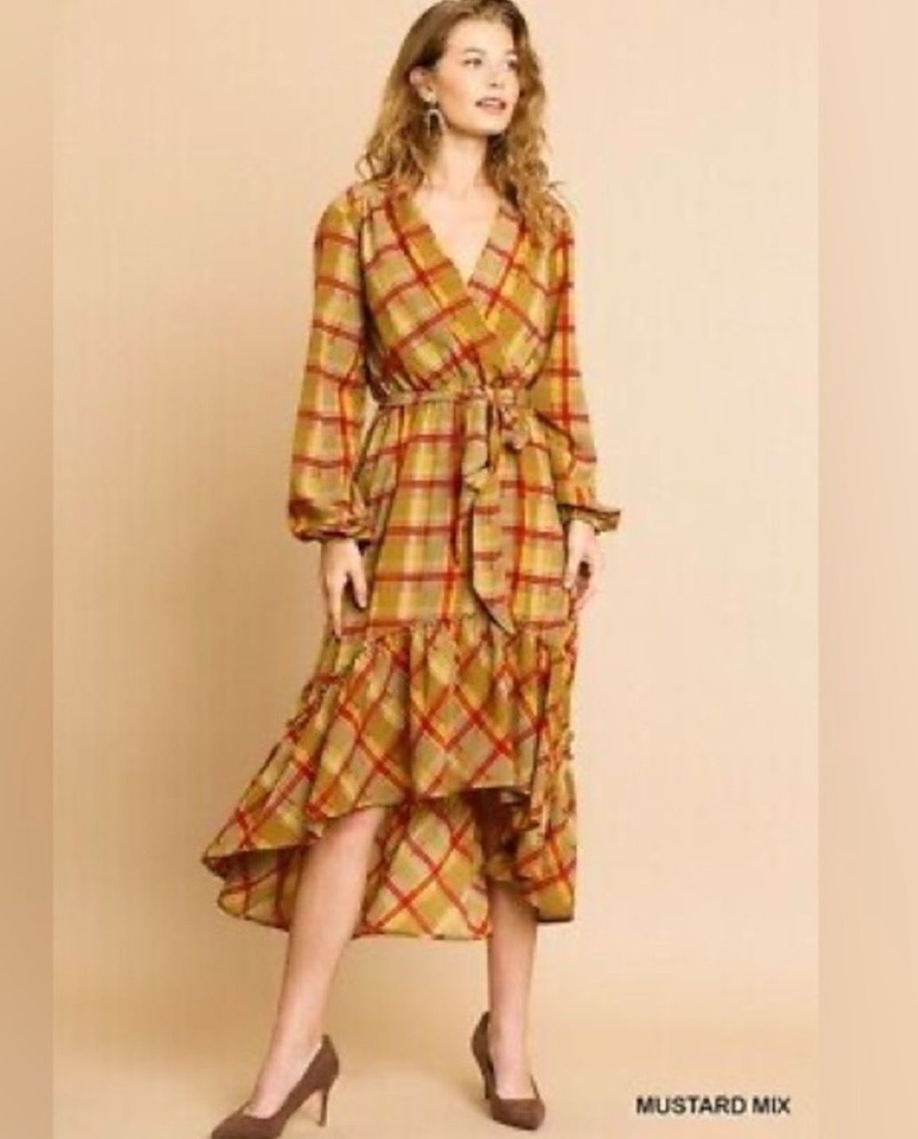Umgee Mustard Plaid Ruffle High Low Midi Dress - Medium