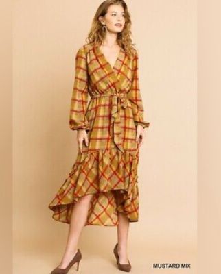 Umgee Mustard Plaid Ruffle High Low Midi Dress - Medium