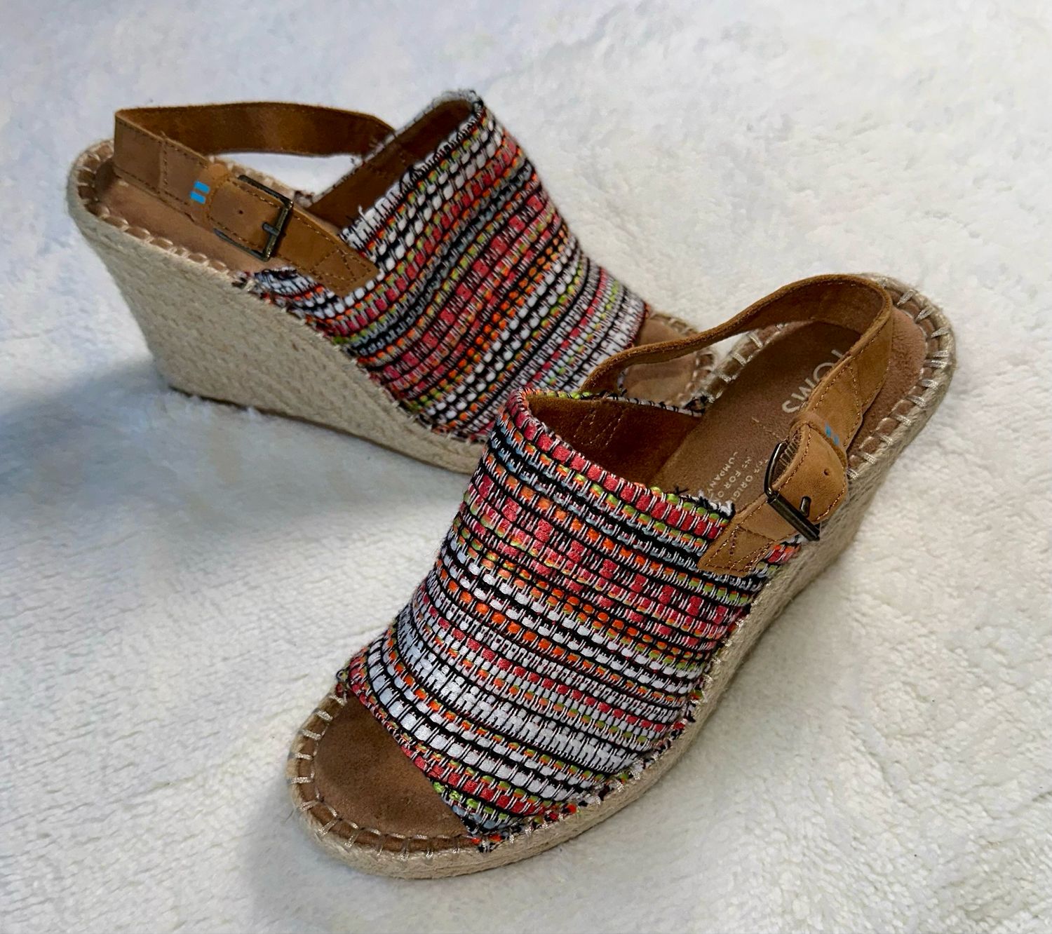 Toms Women&#39;s Monica Wedge Sandals Striped Global Woven Jute Espadrilles Size 8.5