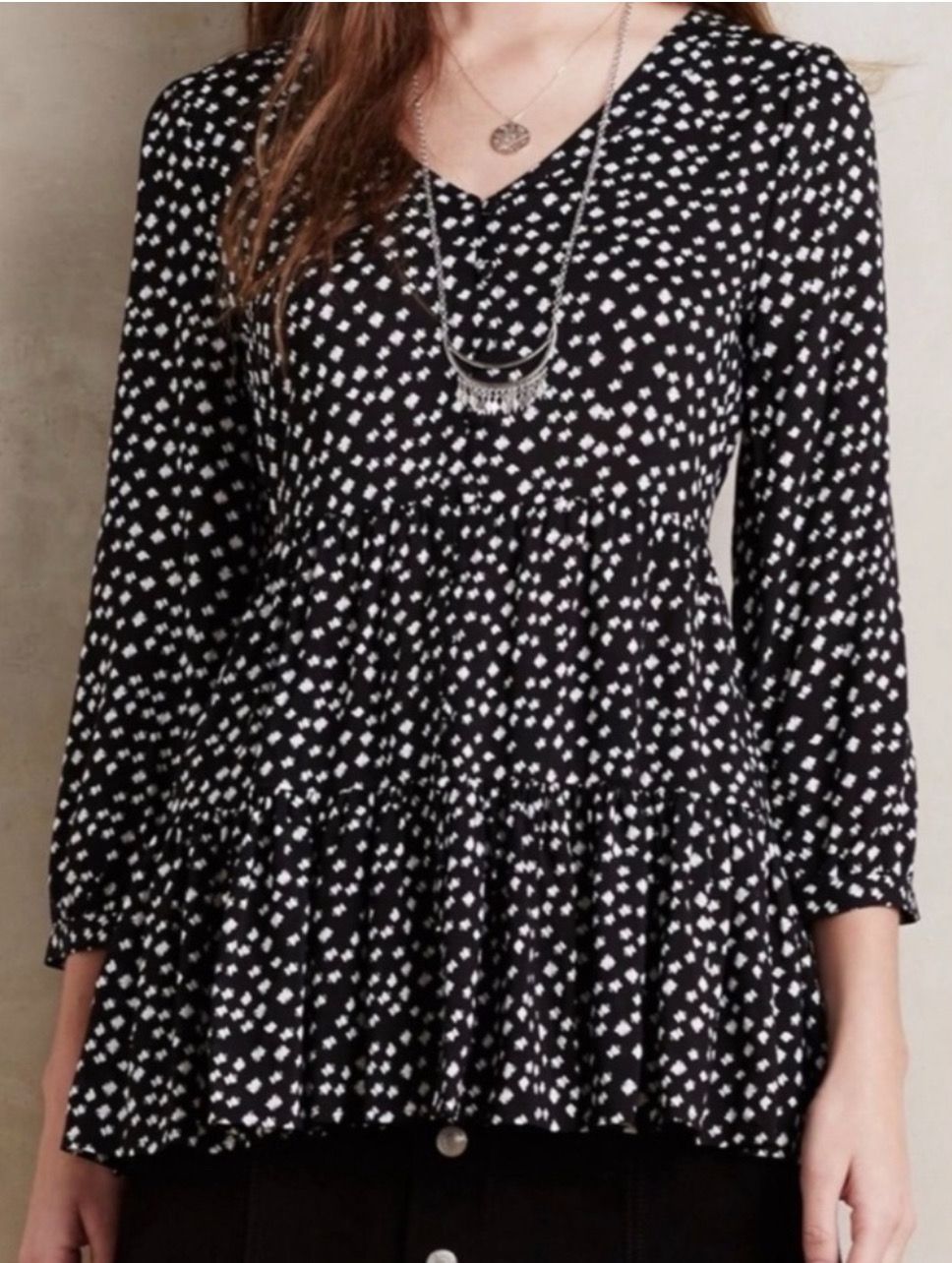 MAEVE White Black Polka Dot Peplum 3/4 Sleeve Blouse - Xsmall