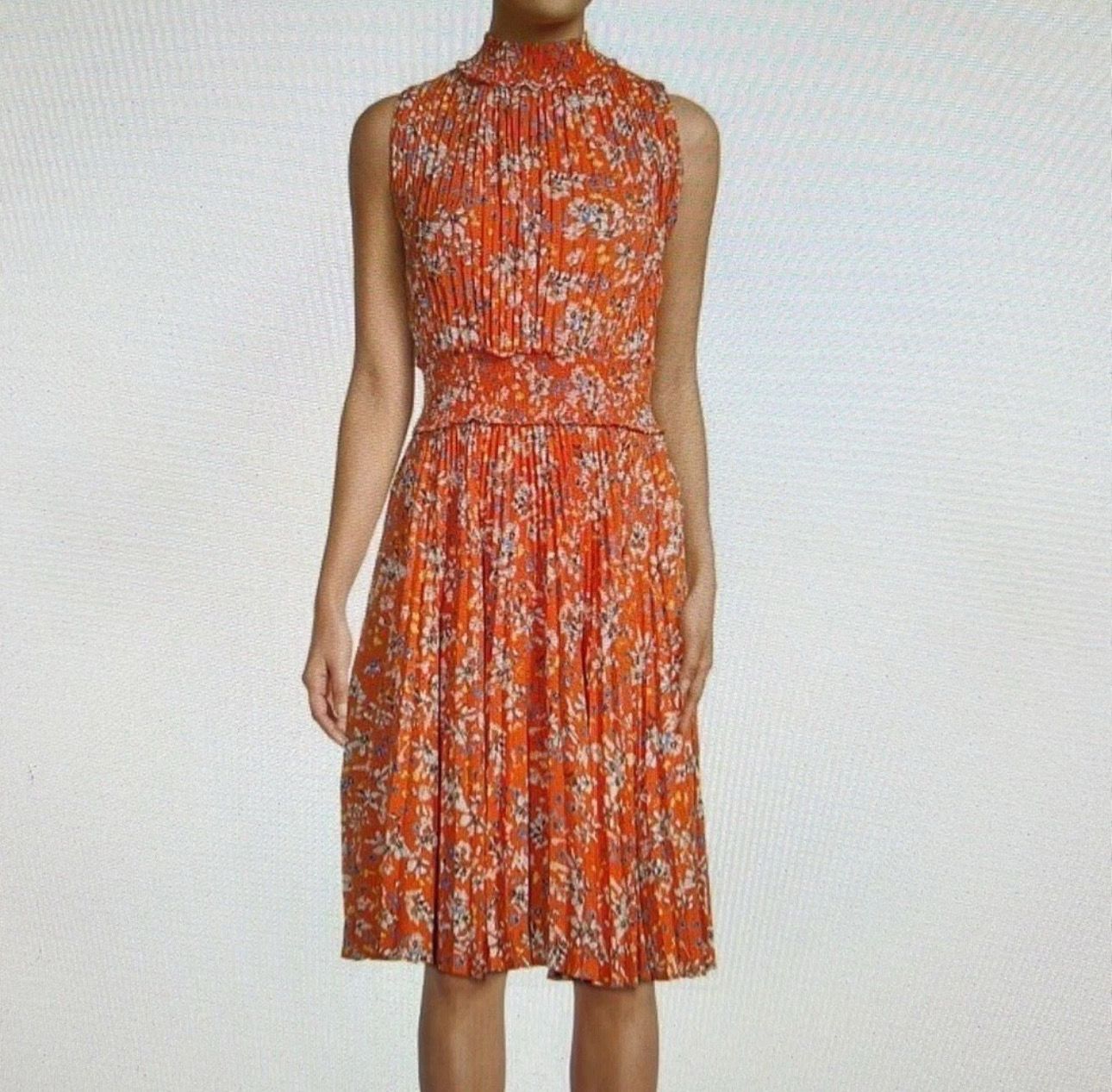 Nanette Lapore Shirred Orange print Pleated Midi Dress - size 8 NWOT