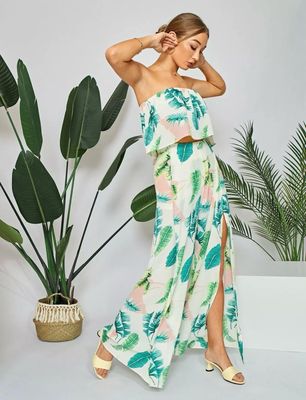 Tropical Print Tube Top &amp; Slit Thigh Pants Set - Small