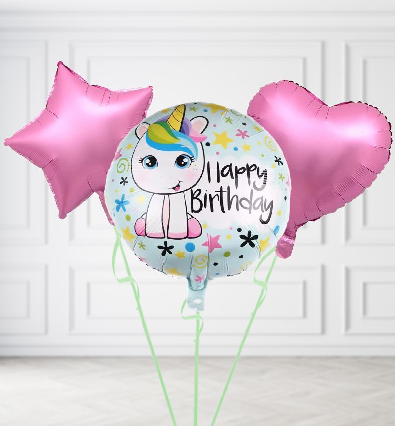 Happy Birthday Unicorn Balloons, Build a Helium Filled Bunch: Add 2 balloons, Supersize Bunch: No Extras, Colour Theme: Match with Centrepiece