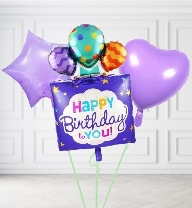 Purple Happy Birthday Balloons, Build a Helium Filled Bunch: Add 2 balloons, Supersize Bunch: No Extras, Colour Theme: Match with Centrepiece