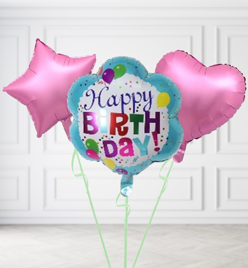 Happy Birthday Flower Balloons, Build a Helium Filled Bunch: Add 2 balloons, Supersize Bunch: No Extras, Colour Theme: Match with Centrepiece