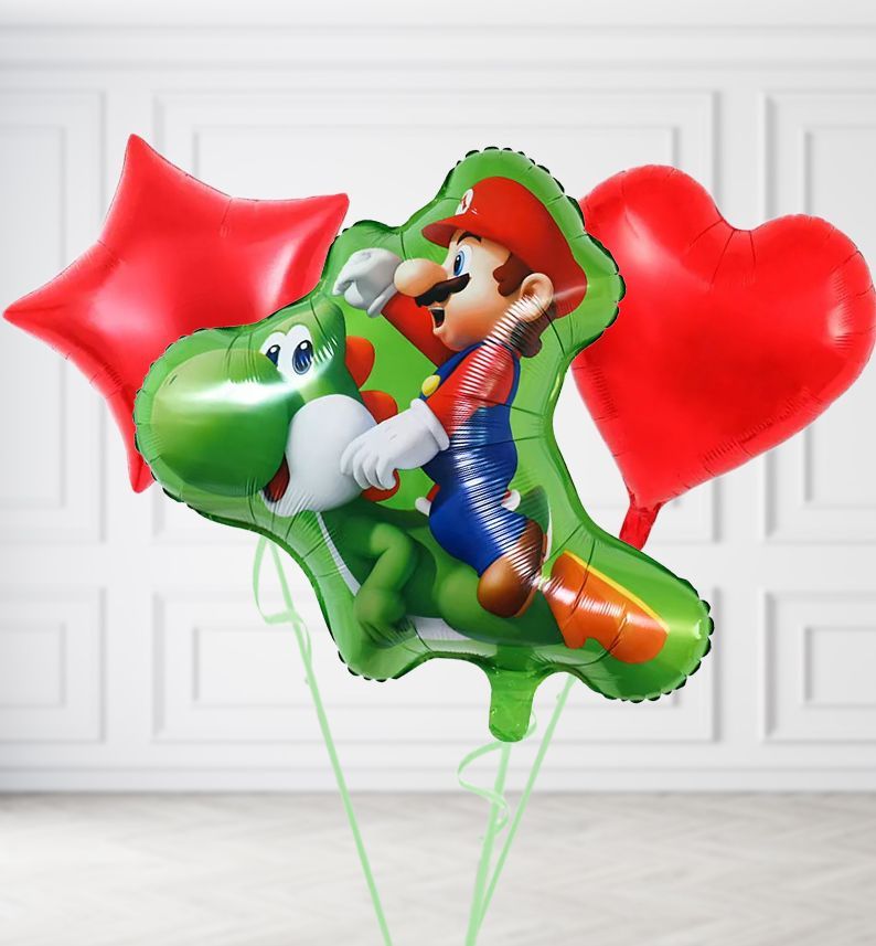 Mario and Yoshi Balloons, Build a Helium Filled Bunch: Add 2 balloons, Supersize Bunch: No Extras, Colour Theme: Match with Centrepiece