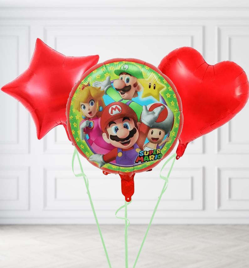 Super Mario Round Balloons, Build a Helium Filled Bunch: Add 2 balloons, Supersize Bunch: No Extras, Colour Theme: Match with Centrepiece