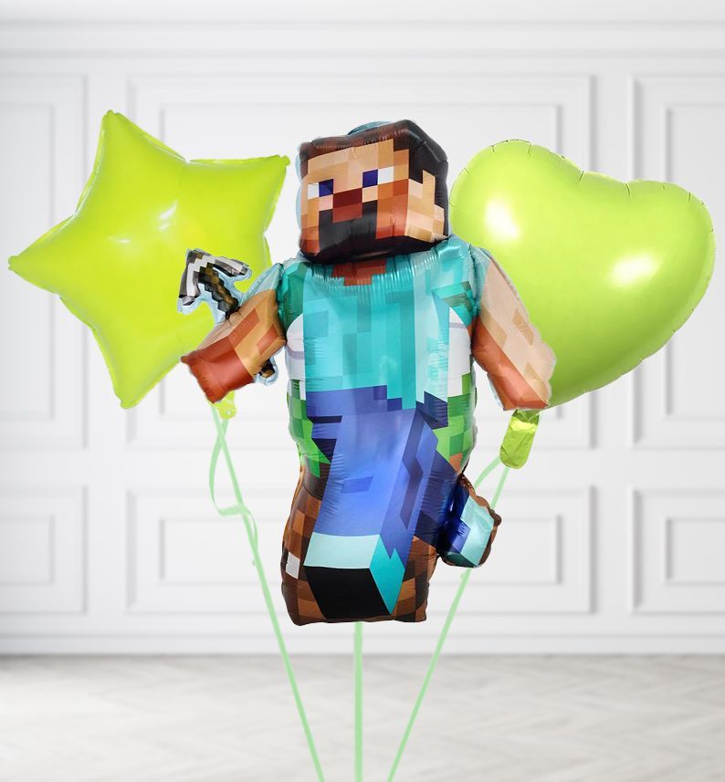 Minecraft Steve Balloons, Build a Helium Filled Bunch: Add 2 balloons, Supersize Bunch: No Extras, Colour Theme: Match with Centrepiece