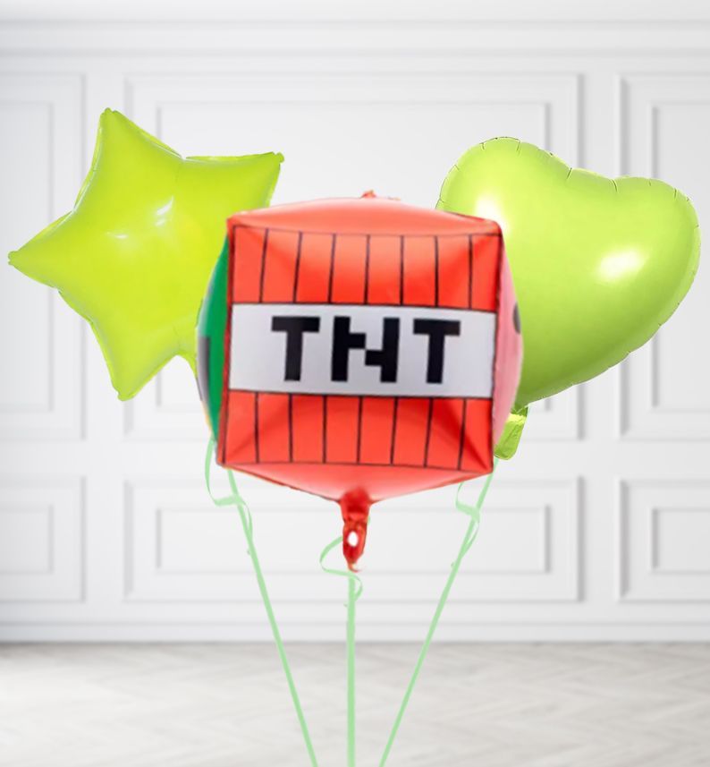 Minecraft TNT Block Balloons, Build a Helium Filled Bunch: Add 2 balloons, Supersize Bunch: No Extras, Colour Theme: Match with Centrepiece