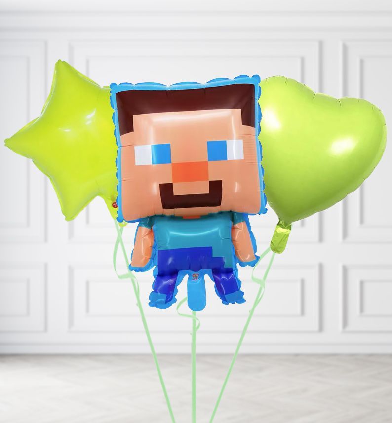 Big Head Minecraft Steve Balloons, Build a Helium Filled Bunch: Add 2 balloons, Supersize Bunch: No Extras, Colour Theme: Match with Centrepiece
