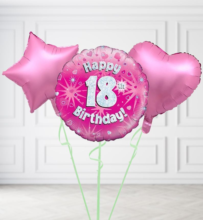 Happy 18th Birthday Pink Holographic Balloons, Build a Helium Filled Bunch: Add 2 balloons, Supersize Bunch: No Extras, Colour Theme: Match with Centrepiece