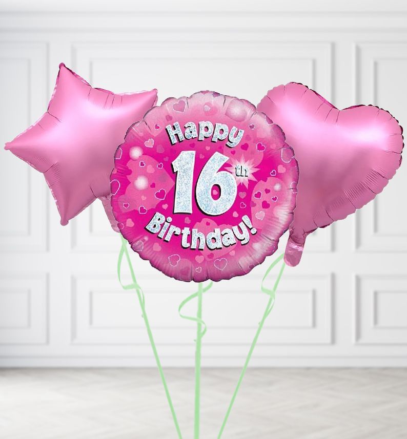 Happy 16th Birthday Pink Holographic Balloons, Build a Helium Filled Bunch: Add 2 balloons, Supersize Bunch: No Extras, Colour Theme: Match with Centrepiece