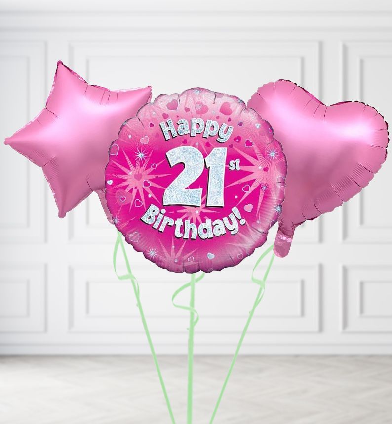 Happy 21st Birthday Pink Holographic Balloons, Build a Helium Filled Bunch: Add 2 balloons, Supersize Bunch: No Extras, Colour Theme: Match with Centrepiece