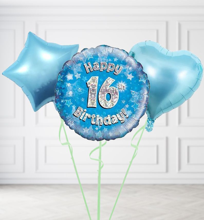 Happy 16th Birthday Blue Holographic Balloons, Build a Helium Filled Bunch: Add 2 balloons, Supersize Bunch: No Extras, Colour Theme: Match with Centrepiece