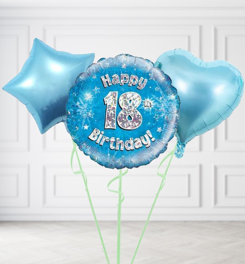Happy 18th Birthday Blue Holographic Balloons, Build a Helium Filled Bunch: Add 2 balloons, Supersize Bunch: No Extras, Colour Theme: Match with Centrepiece