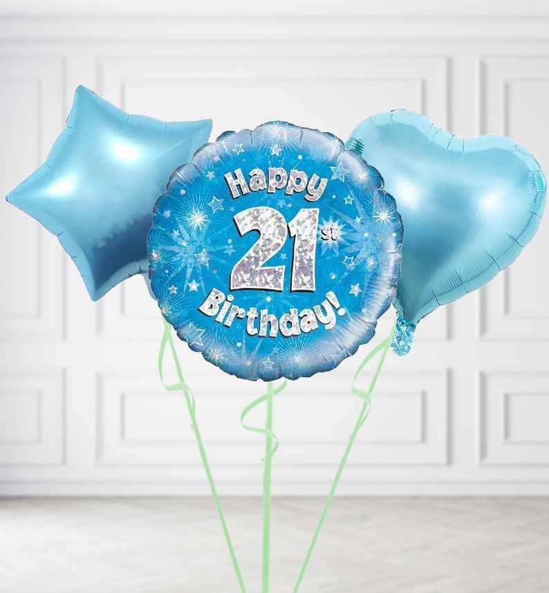 Happy 21st Birthday Blue Holographic Balloons, Build a Helium Filled Bunch: Add 2 balloons, Supersize Bunch: No Extras, Colour Theme: Match with Centrepiece