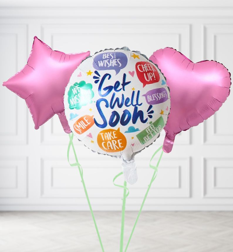 Get Well Soon Chatter Balloons, Build a Helium Filled Bunch: Add 2 balloons, Supersize Bunch: No Extras, Colour Theme: Match with Centrepiece
