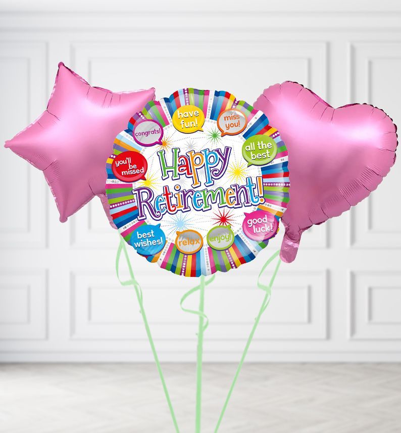 Happy Retirement Balloons, Build a Helium Filled Bunch: Add 2 balloons, Supersize Bunch: No Extras, Colour Theme: Match with Centrepiece