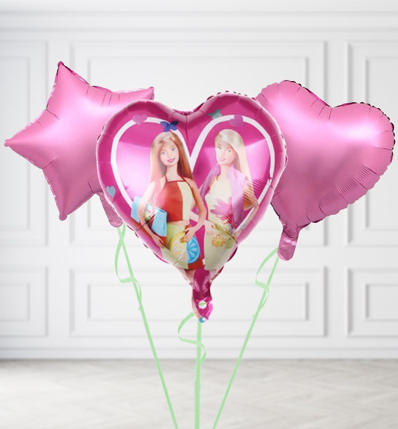 Barbie Heart Balloons, Build a Helium Filled Bunch: Add 2 balloons, Supersize Bunch: No Extras, Colour Theme: Match with Centrepiece