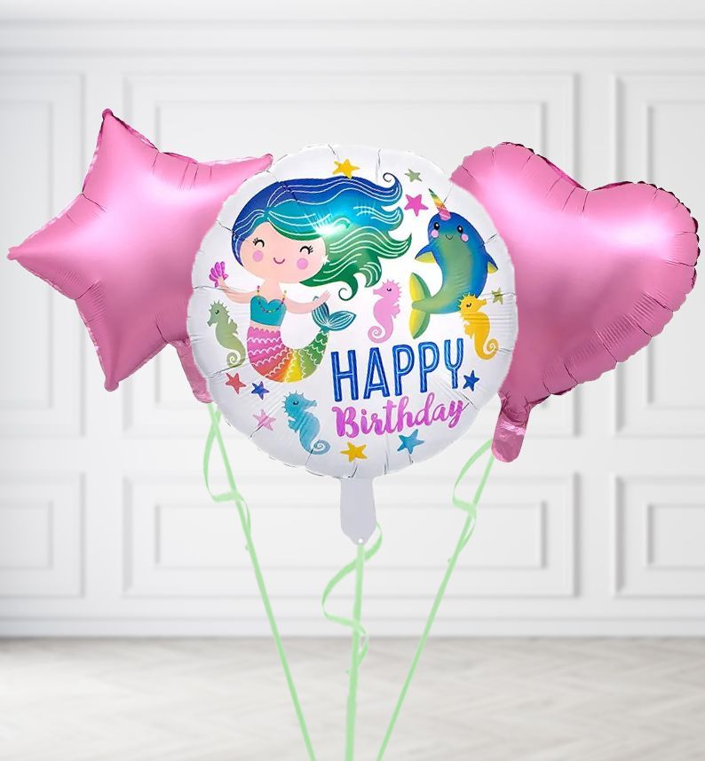 Happy Birthday Mermaid Balloons, Build a Helium Filled Bunch: Add 2 balloons, Supersize Bunch: No Extras, Colour Theme: Match with Centrepiece