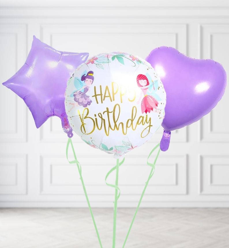 Fairy Happy Birthday Balloons, Build a Helium Filled Bunch: Add 2 balloons, Supersize Bunch: No Extras, Colour Theme: Match with Centrepiece