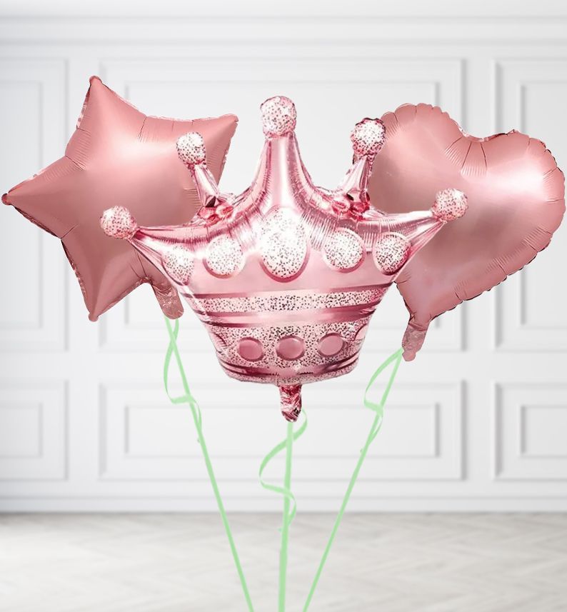 Rose Gold Crown Balloons, Build a Helium Filled Bunch: Add 2 balloons, Supersize Bunch: No Extras, Colour Theme: Match with Centrepiece