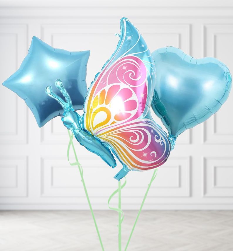 Pink and Blue Butterfly Balloons, Build a Helium Filled Bunch: Add 2 balloons, Supersize Bunch: No Extras, Colour Theme: Match with Centrepiece