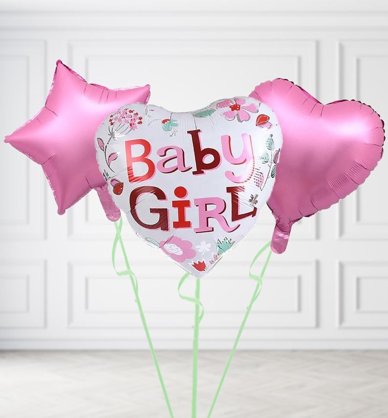 Baby Girl Heart Balloons, Build a Helium Filled Bunch: Add 2 balloons, Supersize Bunch: No Extras, Colour Theme: Match with Centrepiece