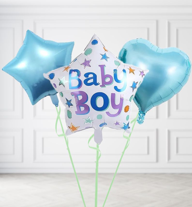 Baby Boy Star Balloons, Build a Helium Filled Bunch: Add 2 balloons, Supersize Bunch: No Extras, Colour Theme: Match with Centrepiece