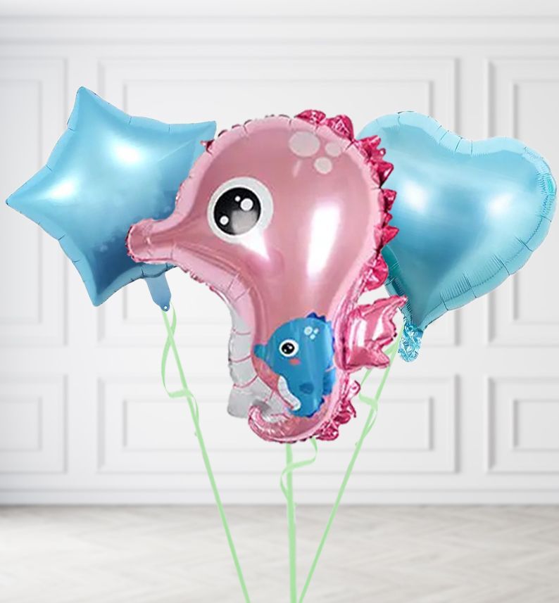 Pink Seahorse Balloons, Build a Helium Filled Bunch: Add 2 balloons, Supersize Bunch: No Extras, Colour Theme: Match with Centrepiece