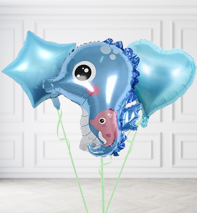 Blue Seahorse Balloons, Build a Helium Filled Bunch: Add 2 balloons, Supersize Bunch: No Extras, Colour Theme: Match with Centrepiece