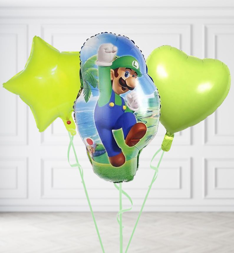 Jumping Luigi Balloons, Build a Helium Filled Bunch: Add 2 balloons, Supersize Bunch: No Extras, Colour Theme: Match with Centrepiece
